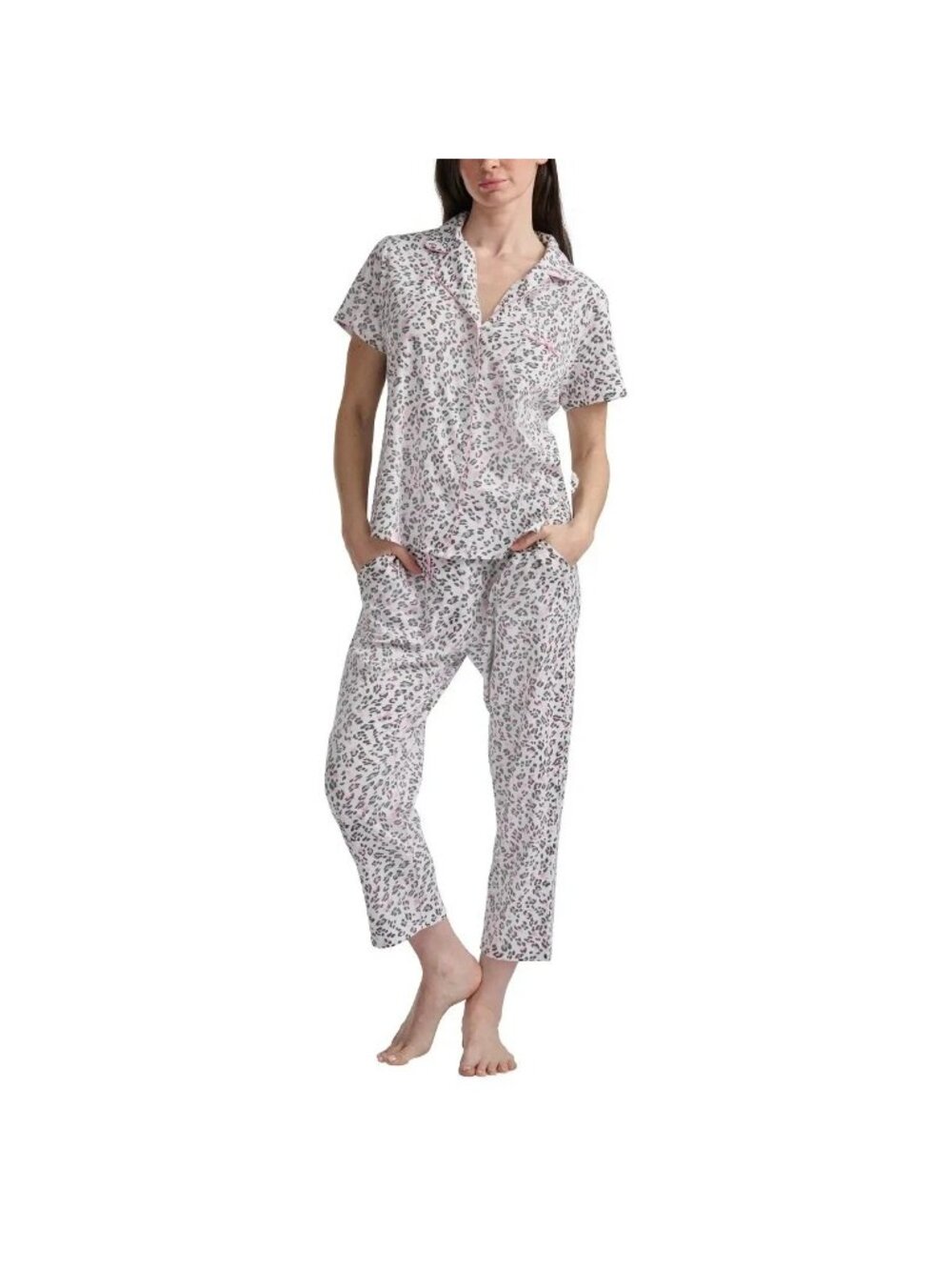 NWT Karen Neuburger Women's 2-Piece Pajama Set M Pink & Black Leopard Print